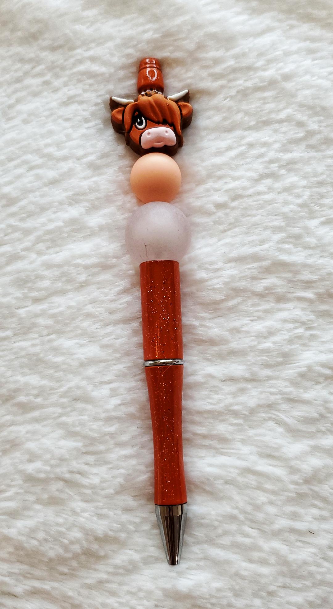 Brown Highland Cow Beaded Pen (one sided)